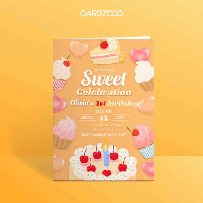 Editable Birthday Party Invitation, First Candle with Cheery Cake, CARDZOOO Sweet Cake Series, Orange Theme, Digital Download