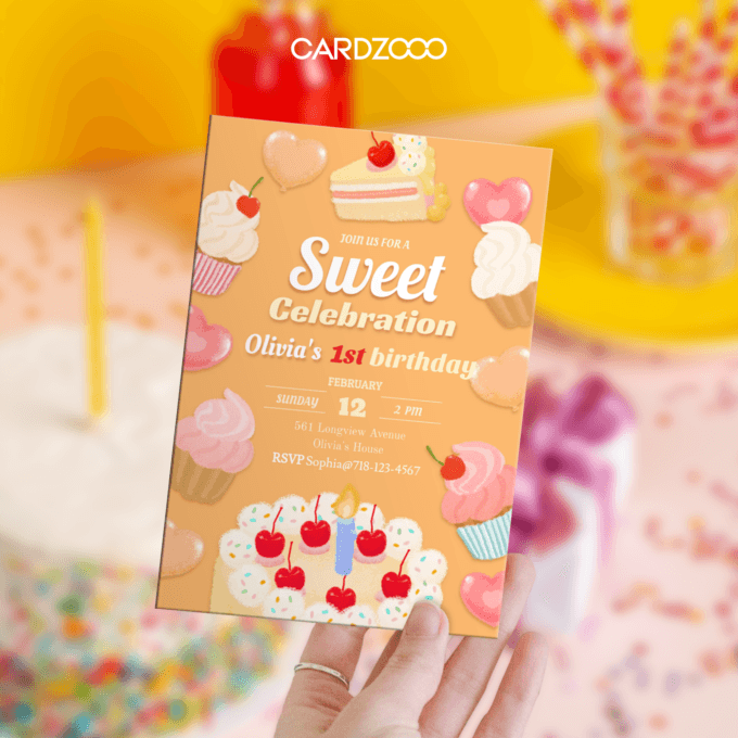 Celebrate Olivia’s “Sweet Celebration” 1st Birthday with this delightful dessert-themed invitation! 🎂🍒 Featuring whimsical illustrations of cupcakes, cherry-topped cakes, and heart-shaped accents in warm peach tones, this design is bursting with charm and sweetness. Perfect for creating a festive and joyful atmosphere for your little one’s milestone celebration.