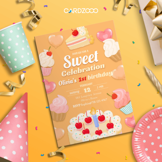 Dessert-inspired design with cheerful peach and pink hues Ideal for a 1st birthday party Fully customizable for easy printing or digital sharing