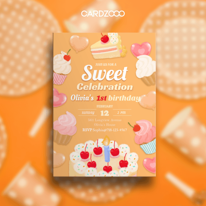 Editable Birthday Party Invitation, First Candle with Cheery Cake, CARDZOOO Sweet Cake Series, Orange Theme, Digital Download