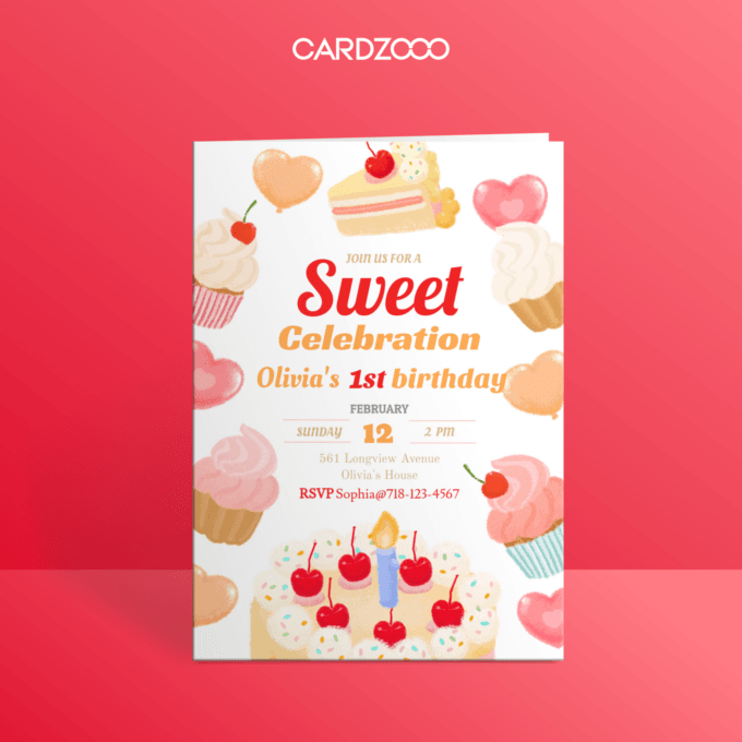 Editable Birthday Party Invitation, Cheery Birthday Cake, CARDZOOO Sweet Cake Series, White Theme, Digital Download