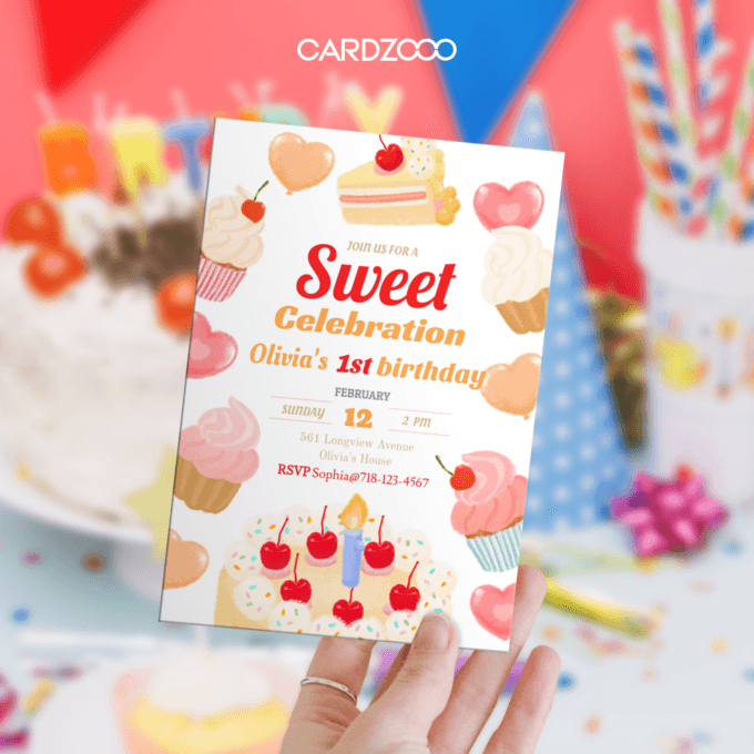 Invite your loved ones to a “Sweet Celebration” for Olivia’s 1st Birthday with this charming dessert-themed invitation! 🎂🍒 Featuring colorful illustrations of cupcakes, cakes, cherries, and heart-shaped details, this design creates a warm and festive atmosphere for your little one’s milestone birthday. The playful typography and cheerful layout make it a perfect choice for a fun-filled party.