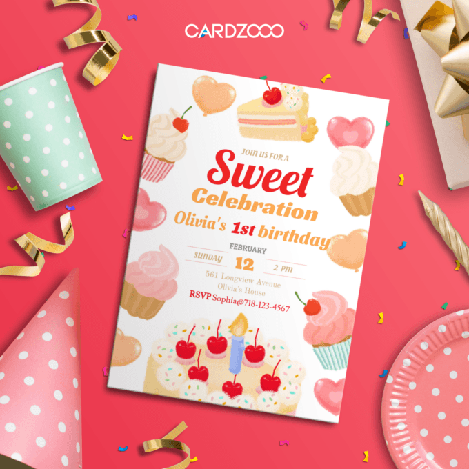 Dessert-themed digital invitation with vibrant illustrations. Ideal for a 1st birthday party celebration. Customizable and easy-to-print or share digitally.