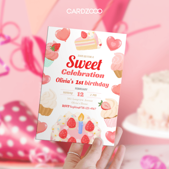 Invite everyone to Olivia’s “Sweet Celebration” 1st Birthday Party with this charming dessert-inspired invitation! 🎉🍓 Featuring whimsical illustrations of strawberry-topped cakes, cupcakes, and heart-shaped details, this design creates a festive and delightful vibe. The red and pink tones perfectly complement the sweet theme, making it an ideal choice for your little one’s big day.