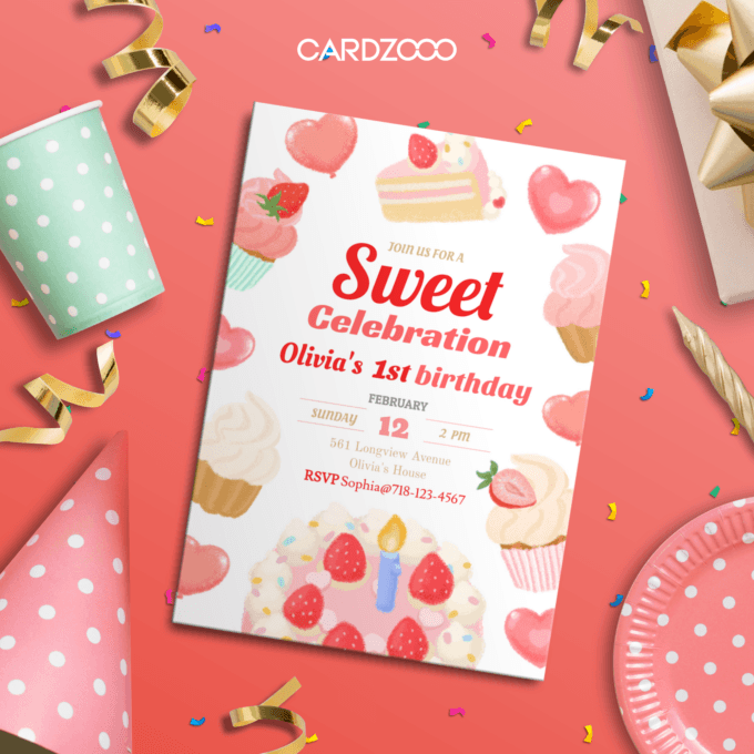 Dessert-themed design with playful and colorful elements Perfect for a 1st birthday celebration Fully customizable for easy printing or digital sharing