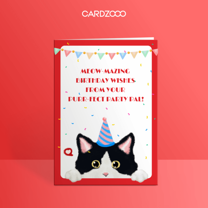 Cute Black White Cat With Hat Birthday Card, CARDZOOO Fluffy Series, Red theme, Digital Download Editable | Husband Birthday Card | Girlfriend Birthday Card | Wife Birthday Card | Birthday Card