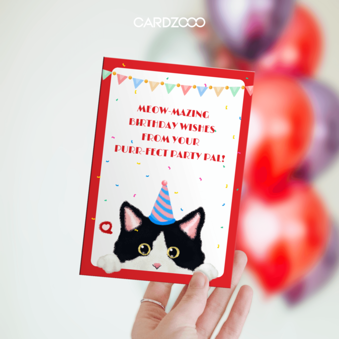 Meow-MAZING Birthday Wishes From Your Purr-fect PARTY PAL! Editable Black White Cat Birthday Card, Cute, Fluffy | Husband Birthday Card | Girlfriend Birthday Card | Wife Birthday Card | Birthday Card