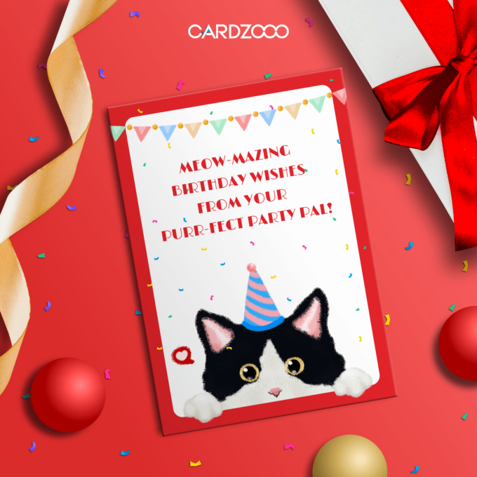 CARDZOOO Cute Black White Cat With Hat Birthday Card, Fluffy Series, Red theme, Digital Download Editable | Husband Birthday Card | Girlfriend Birthday Card | Wife Birthday Card | Birthday Card