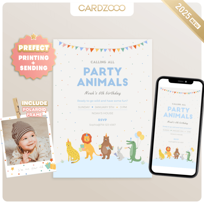 Editable Calling All Party Animals Birthday Invitation Wild One Jungle Zoo Safari Animals Boy Girl Digital Evite Template Printable 230301