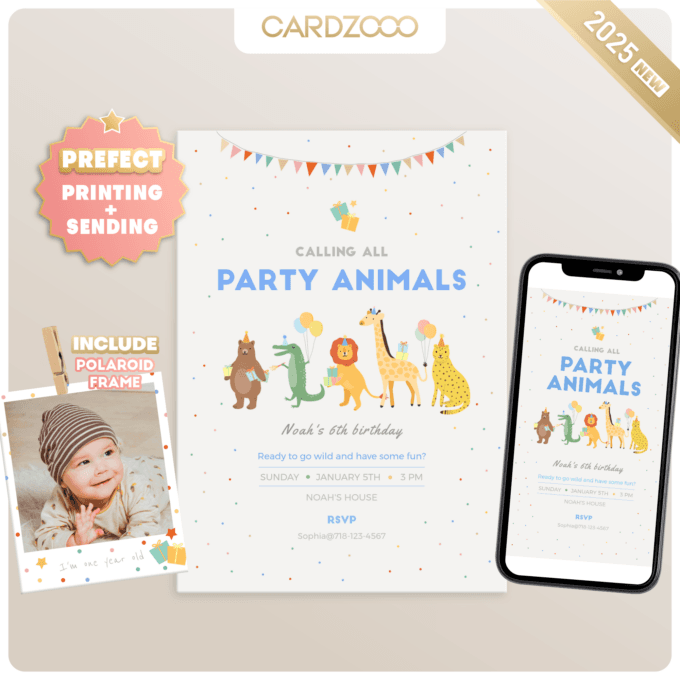 Editable Calling All Party Animals Birthday Invitation Wild One Jungle Zoo Safari Animals Boy Girl Digital Evite Template Printable 231301