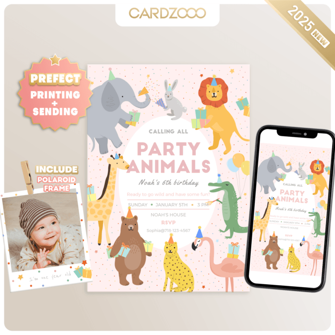 Editable Calling All Party Animals Birthday Invitation Wild One Jungle Zoo Safari Animals Boy Girl Digital Evite Template Printable 234201