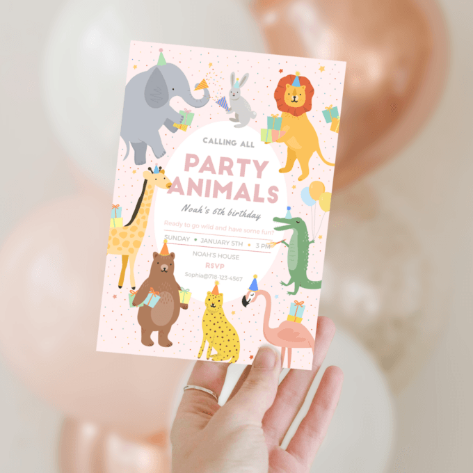 Editable Calling All Party Animals Birthday Invitation Wild One Jungle Zoo Safari Animals Boy Girl Digital Evite Template Printable 234201