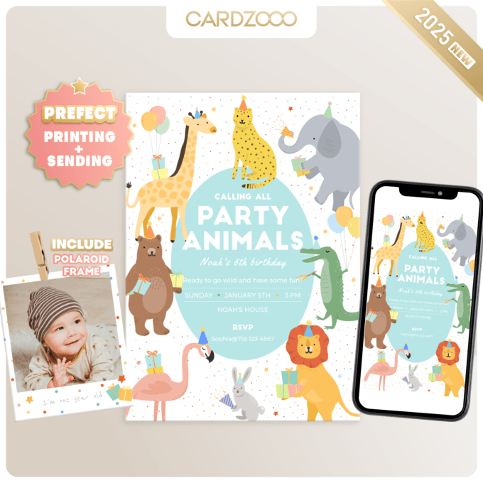 Editable Calling All Party Animals Birthday Invitation Wild One Jungle Zoo Safari Animals Boy Girl Digital Evite Template Printable 235701