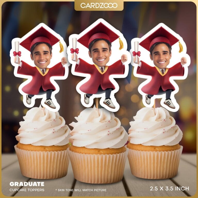 Red Cap and Gown Graduation Custom Face Cupcake Toppers