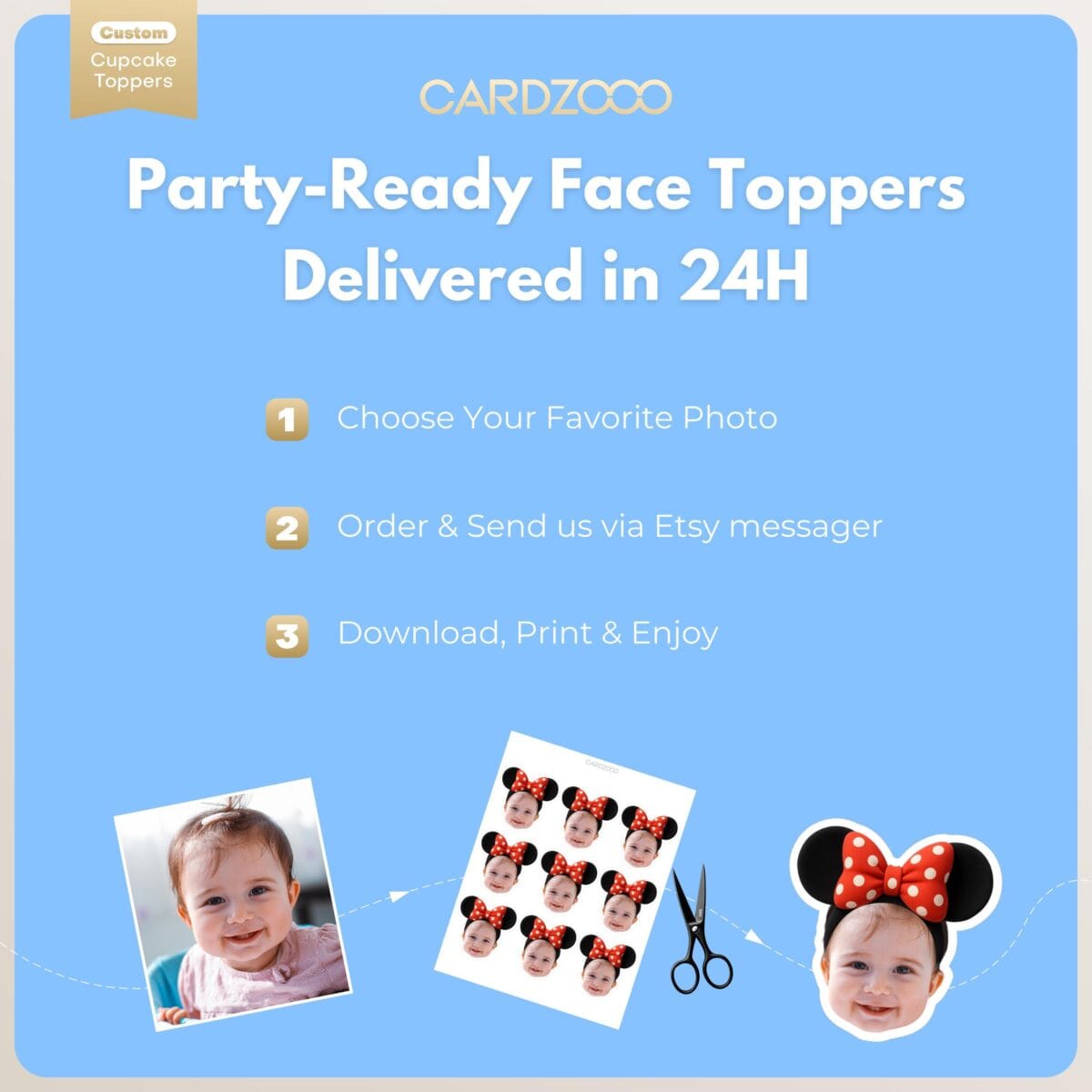 Custom Face Minnie Mouse Ears Cupcake Toppers - Image 3