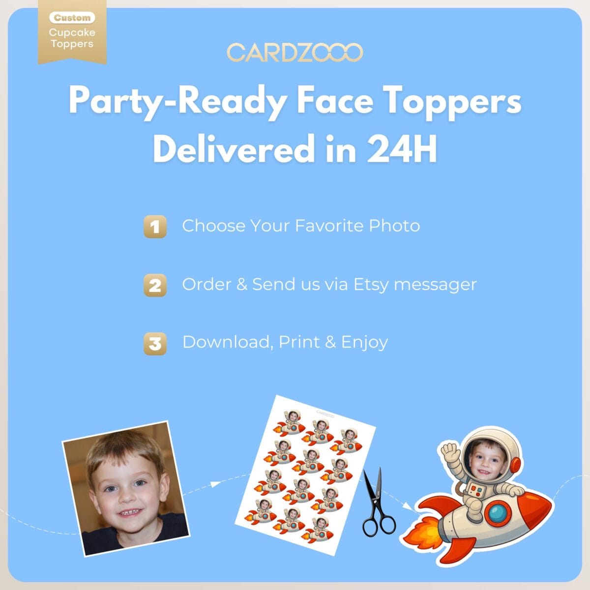 Outer Space Rocket Ship Custom Face Cupcake Toppers - Image 3