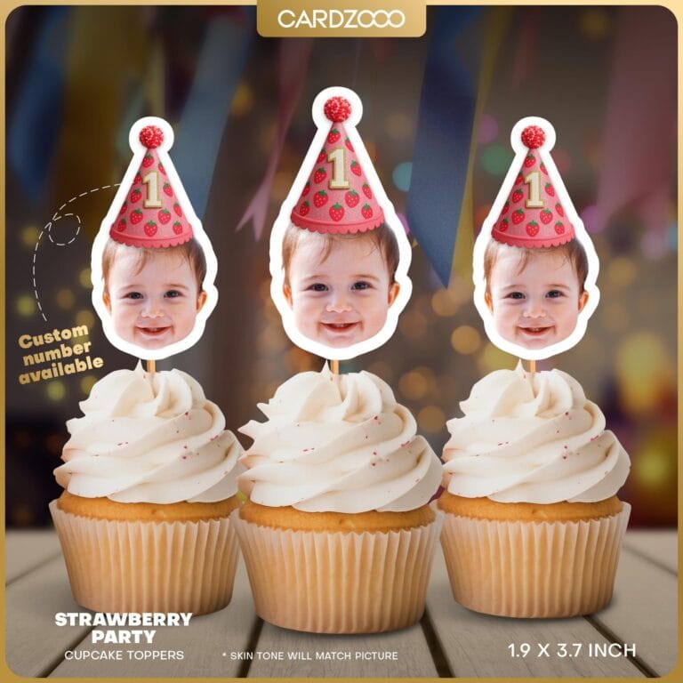 Strawberry Birthday Custom Face Cupcake Toppers