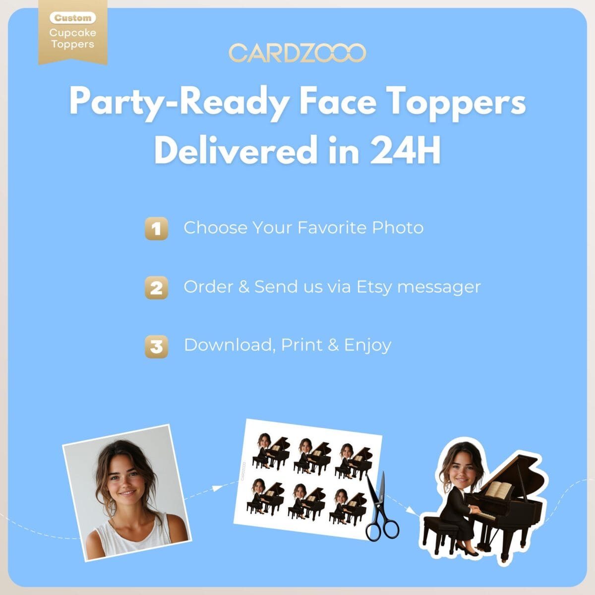 Pianist Girl Face Cupcake Toppers - Image 3