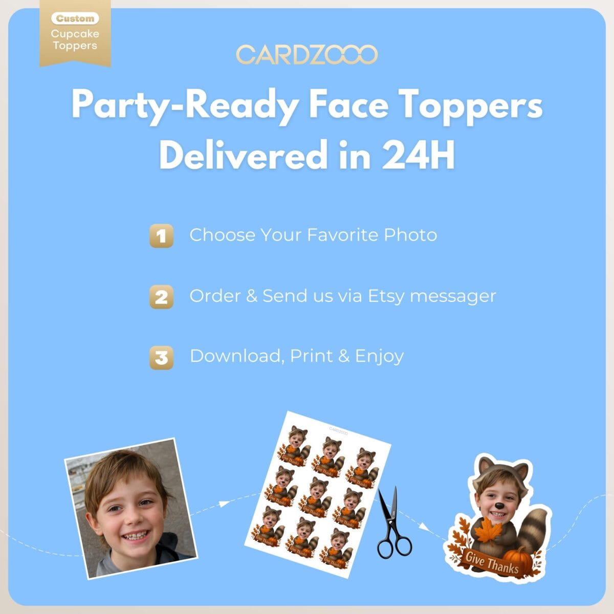 Thanksgiving Raccoon Custom Face Cupcake Toppers - Image 3