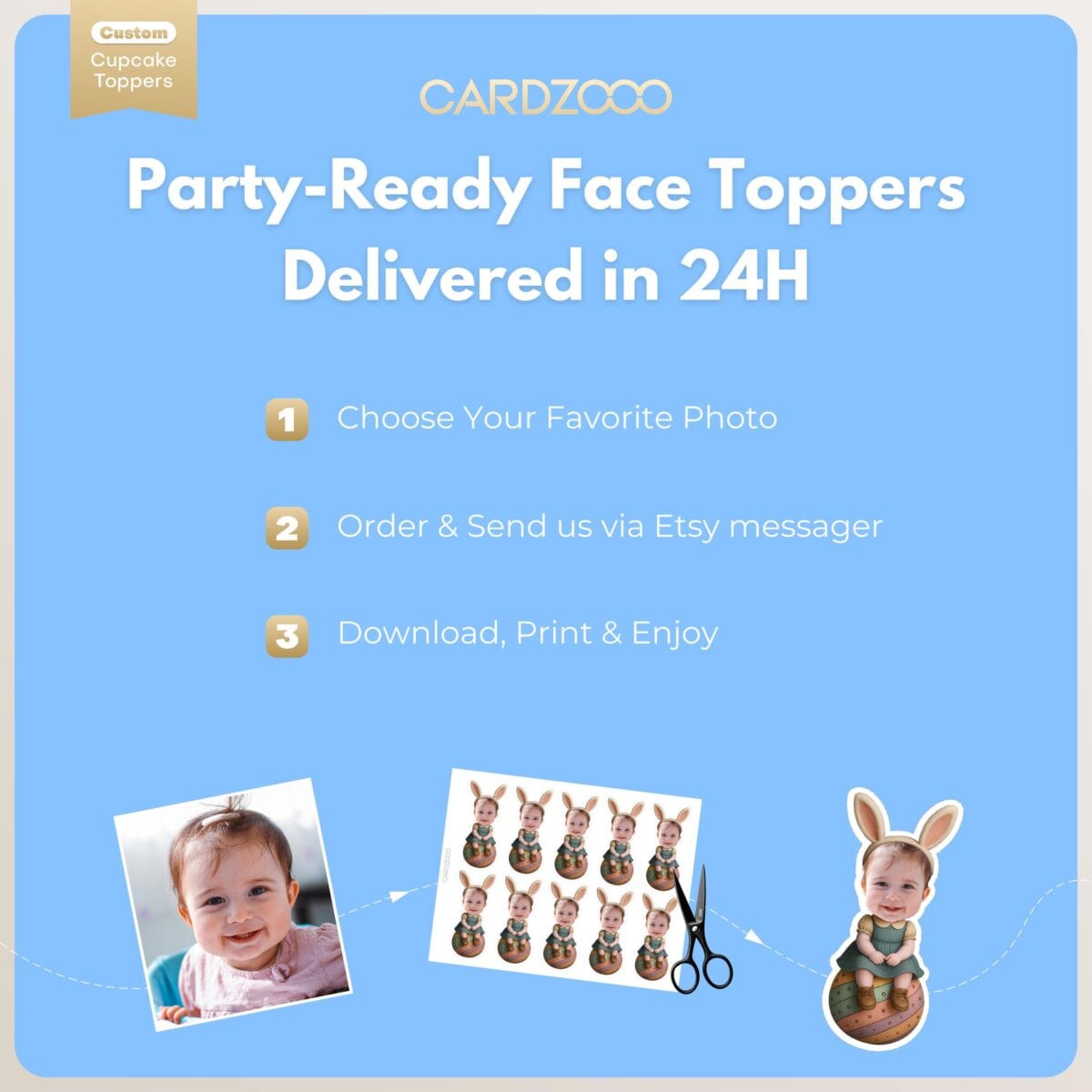 Custom Face Easter Bunny Ears Cupcake Toppers - Image 3