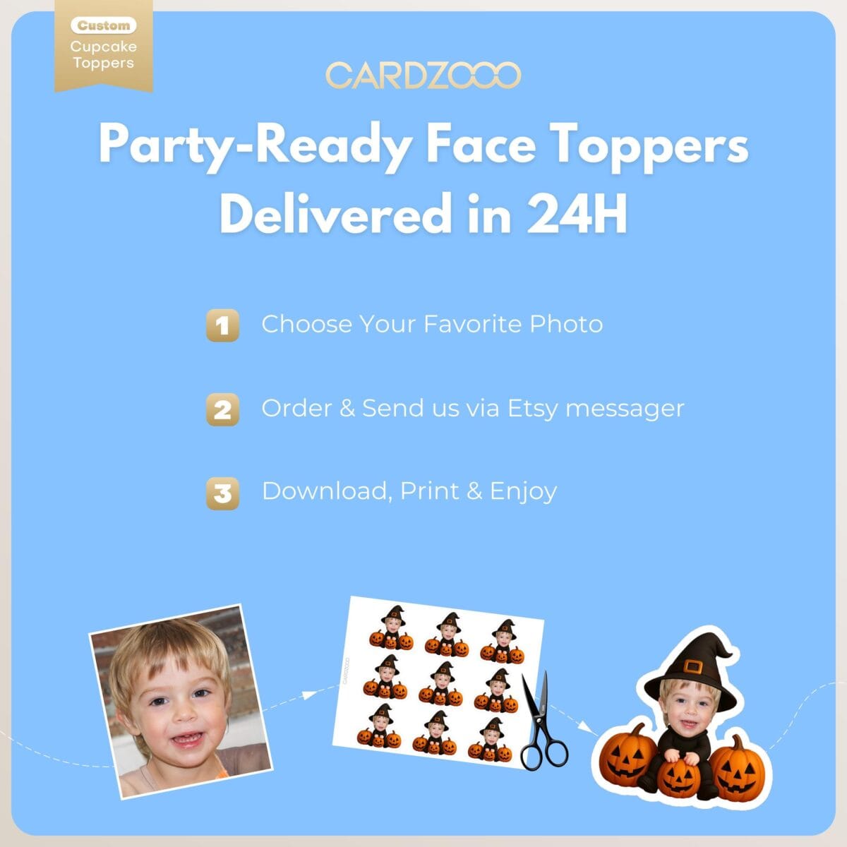 Pumpkin Witch Custom Face Cupcake Toppers - Image 3
