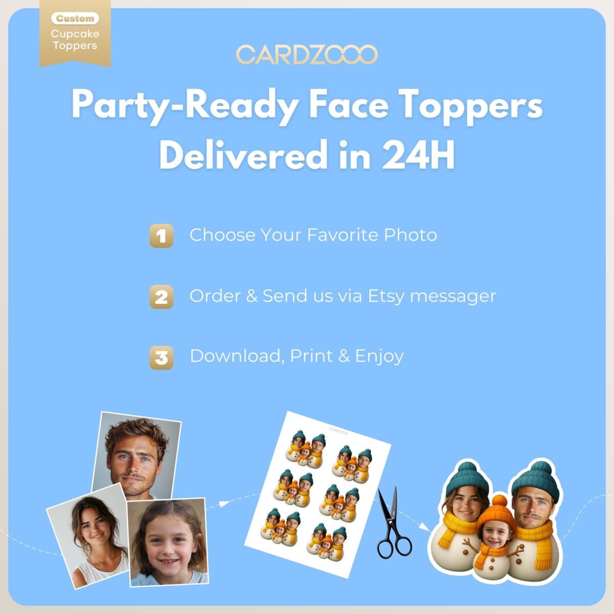 Custom Face Snowman Family Cupcake Toppers - Image 3