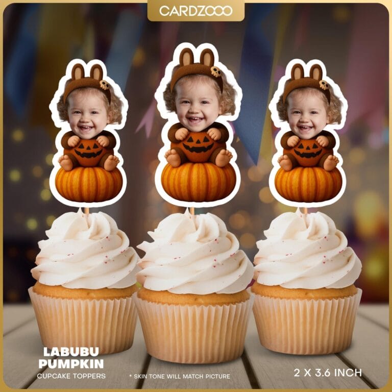 Labubu Pumpkin Halloween Custom Face Cupcake Toppers