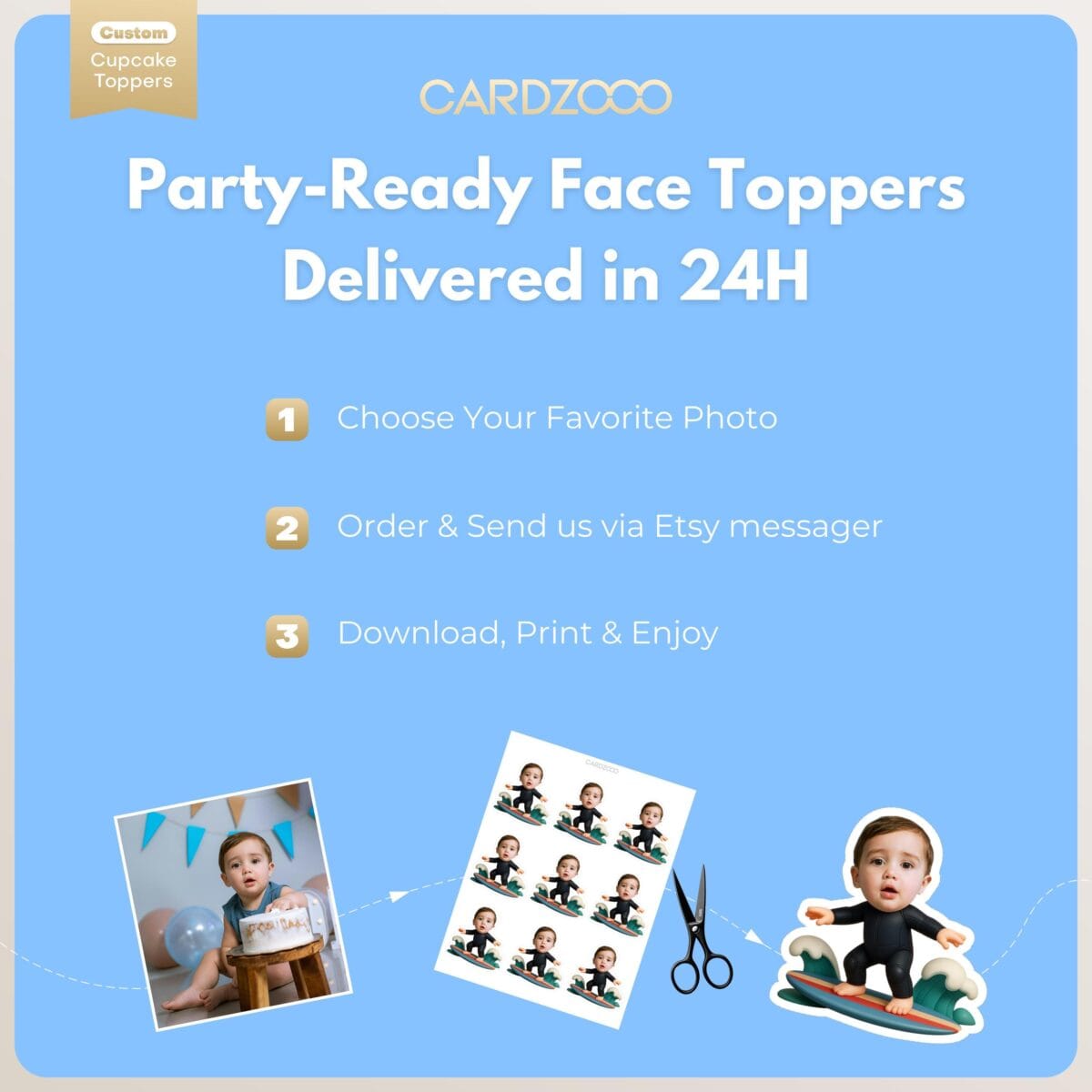 Surfing Personalized Face Cupcake Toppers - Image 3
