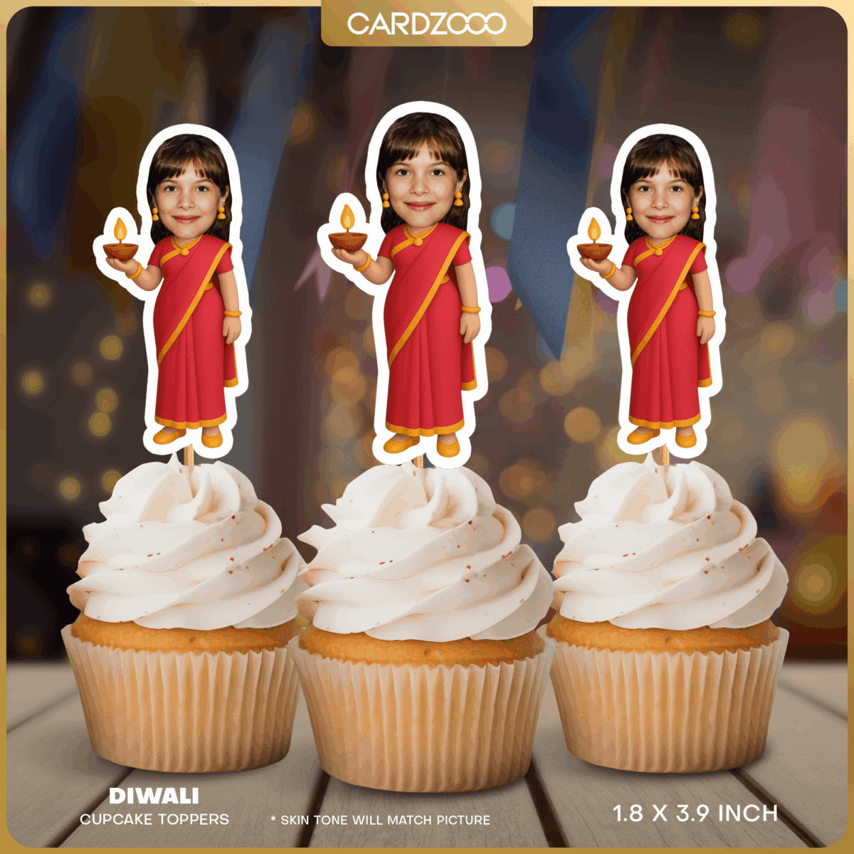 Diwali Girl Personalized Face Cupcake Toppers