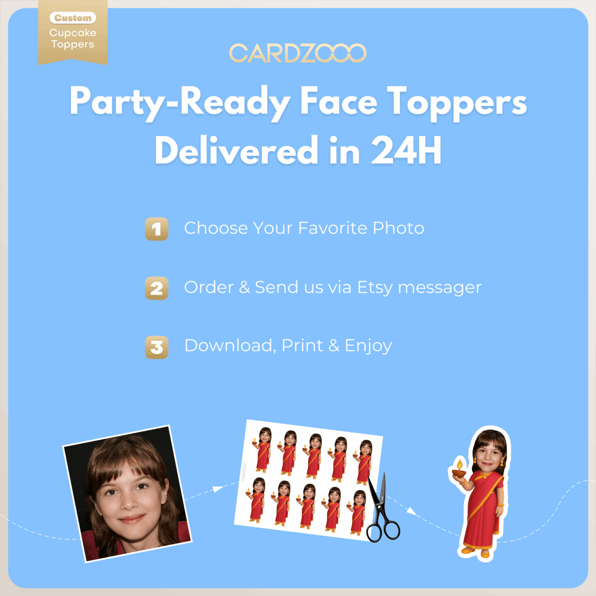 Diwali Girl Personalized Face Cupcake Toppers 3