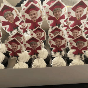 Red Cap and Gown Graduation Custom Face Cupcake Toppers Show Case