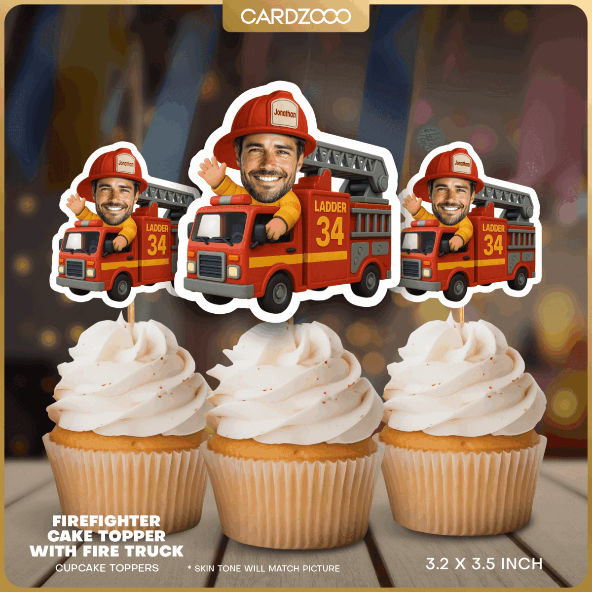 Sound the alarm! it's time to celebrate with our Firefighter Cake Topper with Fire Truck! Featuring a playful cartoon fire truck and a smiling firefighter with your custom face, this topper is perfect for kids' birthdays, firefighter themed parties, or honoring a real-life hero. Personalize the helmet with a name to make it even more special!