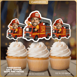 Sound the alarm! it's time to celebrate with our Firefighter Cake Topper with Fire Truck! Featuring a playful cartoon fire truck and a smiling firefighter with your custom face, this topper is perfect for kids' birthdays, firefighter themed parties, or honoring a real-life hero. Personalize the helmet with a name to make it even more special!