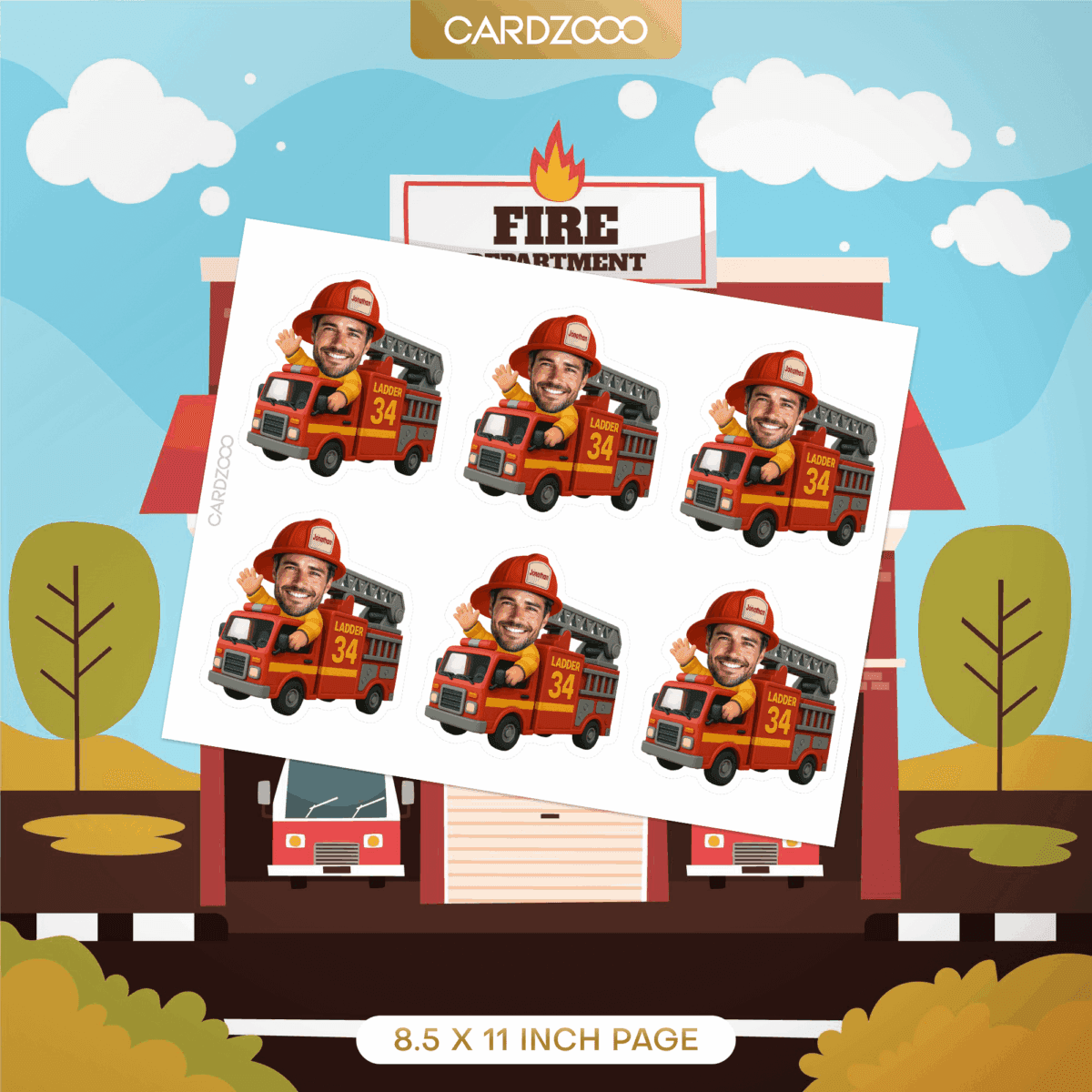 Sound the alarm! it's time to celebrate with our Firefighter Cake Topper with Fire Truck! Featuring a playful cartoon fire truck and a smiling firefighter with your custom face, this topper is perfect for kids' birthdays, firefighter themed parties, or honoring a real-life hero. Personalize the helmet with a name to make it even more special! 2